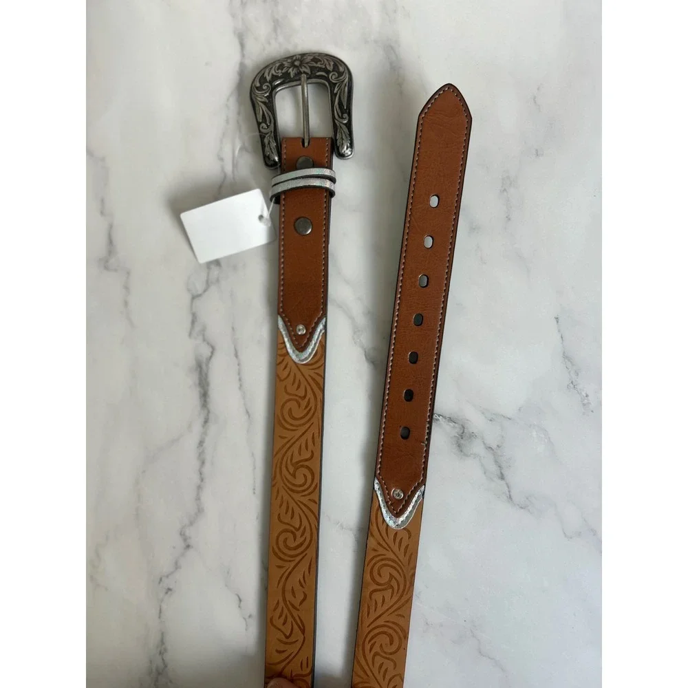 Western Tan‎ Girls Small Embossed Belt Brown White Trim Silver Floral Buckle